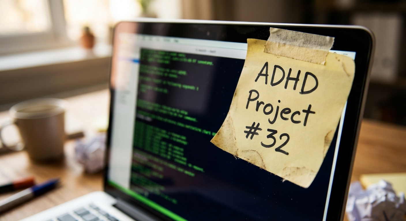 A post-it note reading ADHD Project #32 stuck to a laptop screen showing code