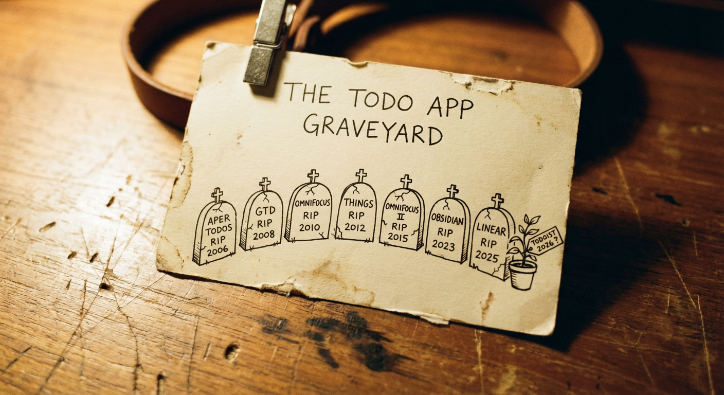Hand-drawn tombstones on an index card showing todo apps that died: Paper Todos, GTD, OmniFocus, Things, Obsidian, Linear