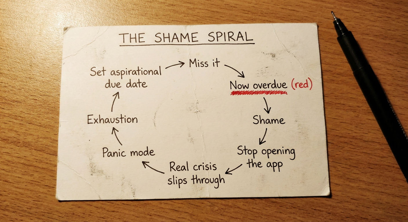 Hand-drawn circular diagram showing the shame spiral: set aspirational due date, miss it, now overdue, shame, stop opening the app, real crisis slips through, panic mode, exhaustion, repeat