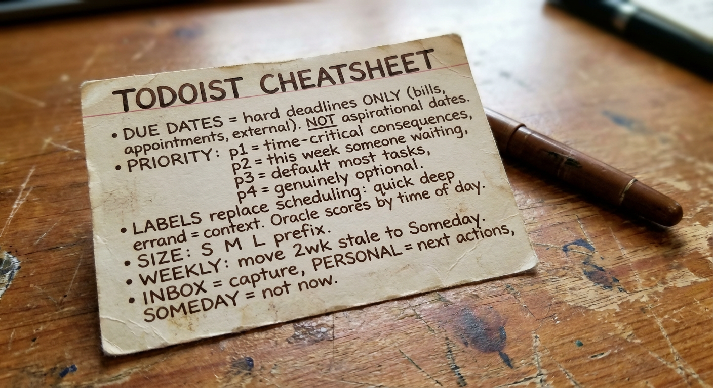 Hand-written Todoist cheatsheet on a worn index card with rules for due dates, priority levels, and labels